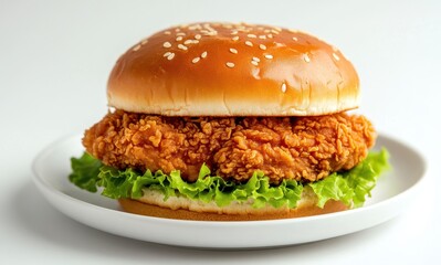 Crispy Fried Chicken Sandwich with Fresh Lettuce on a Soft Sesame Seed Bun Against a Light Background for Culinary Promotions and Food Photography