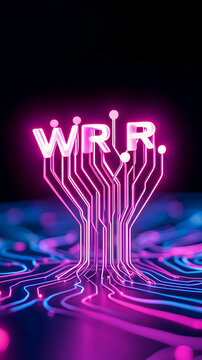 Glowing neon letters "WRR" on circuit board, abstract digital background