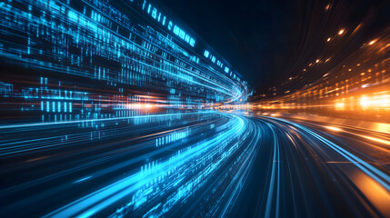 Fototapeta premium Blue light speed background, high-speed tunnel with glass grid, futuristic technology style, speed lines and luminous effects, black gradient background, blue glow, dynamic blur effect, wide perspecti
