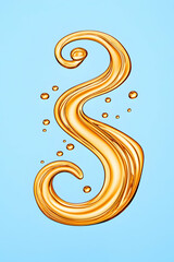 Golden liquid swirl with bubbles on light blue background