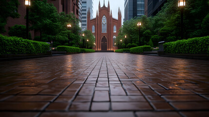 Obraz premium Gothic cathedral on a rain-slicked brick path, framed by greenery and modern buildings