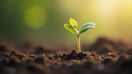 A young seedling emerges from dark soil, bathed in warm sunlight, showcasing its delicate leaves against a blurred background