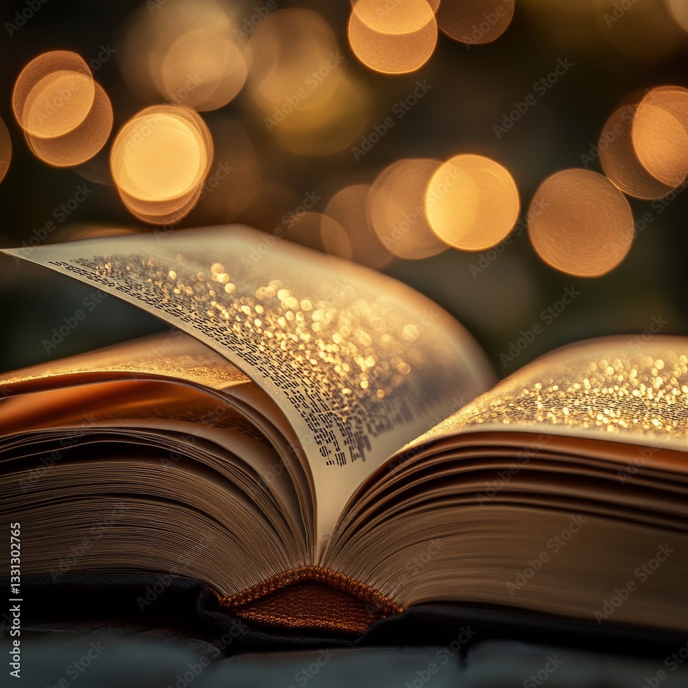 Poster open book bathed in warm light and bokeh: a scene of intimacy and reflection