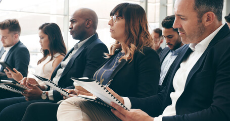 Documents, convention and seminar with business woman at conference for speech, discussion and...