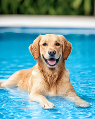 Happy golden retriever dog in a swimming pool, smiling at the camera