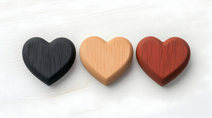 Obraz premium Three hearts of different colors, arranged in a row on a light wooden surface