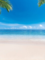Fototapeta premium Idyllic tropical beach scene white sand, turquoise water, blue sky, palm trees