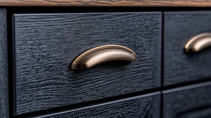 Wooden cabinet close-up; drawers with antique brass handles and wood grain texture