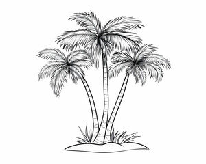 Obraz premium Three palm trees on an island, black and white line art