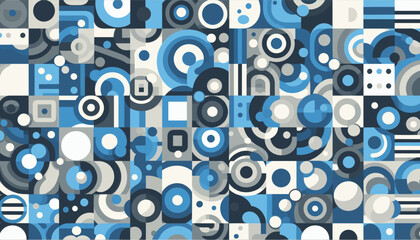 Geometric background with circles and squares in blue and gray tones