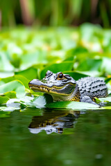 Obraz premium Juvenile alligator rests amidst lily pads in dark water, reflecting its image