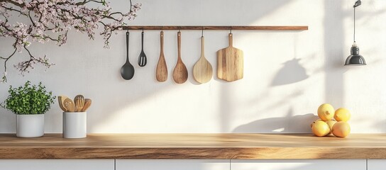A kitchen counter with a wooden surface and a few potted plants
