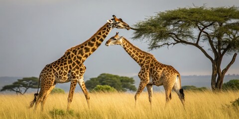 Obraz premium Daring giraffes engage in necking battle serengeti national park wildlife photography grassland habitat side view nature's rivalry