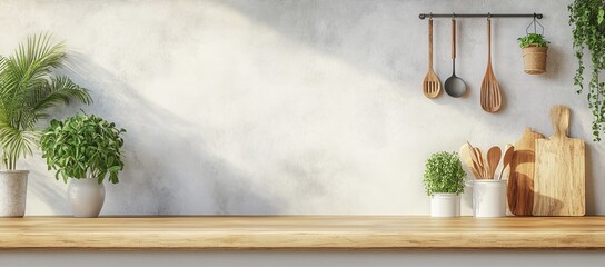 A kitchen counter with a wooden surface and a white wall behind it