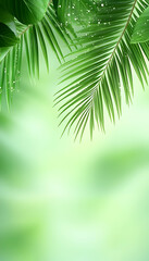 Fototapeta premium Lush green palm fronds with water droplets, blurred background
