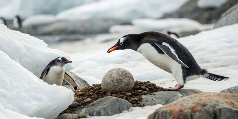 Naklejka premium Penguins stealing stones antarctic icebergs wildlife photography icy environment close-up view nature's behavior