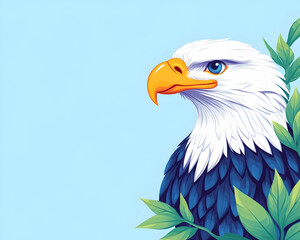 Fototapeta premium Majestic bald eagle head, vibrant blue plumage, partially obscured by lush green leaves against a light blue backdrop