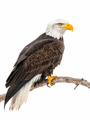 Obraz premium Majestic bald eagle perched on a branch, isolated on white
