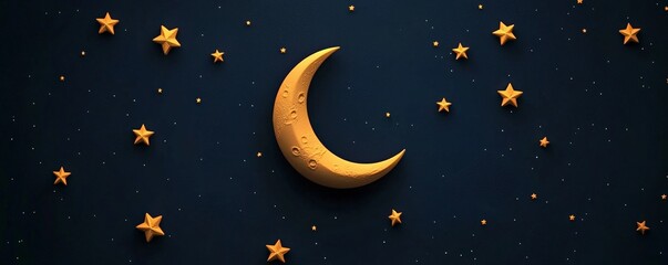 Naklejka premium Glowing crescent moon surrounded by twinkling stars against a dark sky.