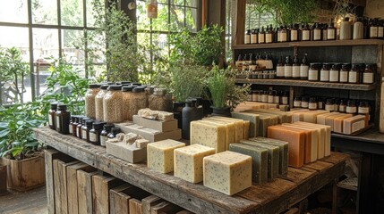 Rustic shop displaying handmade soaps, bath products, and herbs.