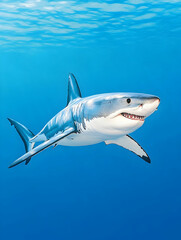 Obraz premium Majestic great white shark swimming in clear blue ocean water