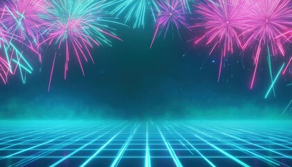 Vibrant Pink and Cyan Fireworks Display Over a Glowing Neon Grid Background