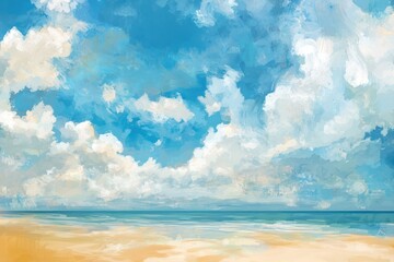 Blue sky, white clouds, abstract beach setting.