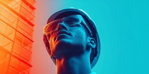 Obraz premium Construction worker looking up while wearing a hard hat