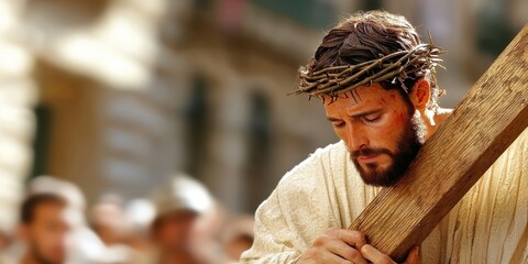Obraz premium A solemn figure carries a wooden cross, adorned with a crown of thorns, portraying deep emotion and struggle in a historical setting.