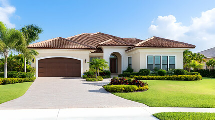 Mediterranean-style home with lush landscaping, terracotta roof, and paved driveway under a sunny sky