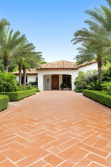 Mediterranean-style home with terracotta driveway, lush landscaping, and palm trees