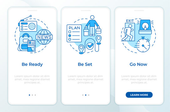 Evacuation levels blue onboarding mobile app screen. Emergency. Walkthrough 3 steps editable graphic instructions with linear concepts. UI, UX, GUI template. Montserrat SemiBold, Regular fonts used