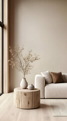 Minimalist living room with neutral tones, wooden coffee table, beige sofa, and dried floral arrangement