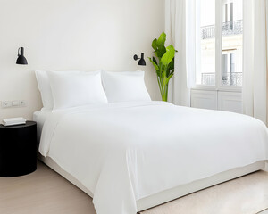 Minimalist white bedroom with large bed, plant, and window