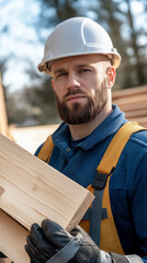 Construction worker holding a wooden plank at a job site.