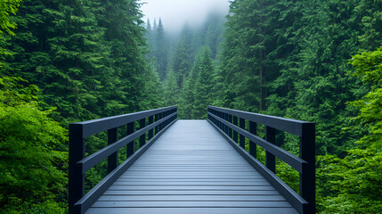 Fototapeta premium Misty forest path leads to a wooden footbridge