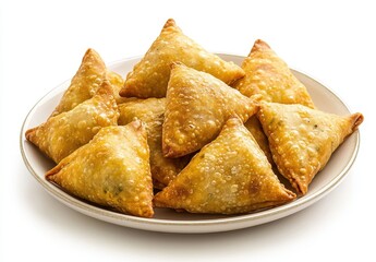 Crispy Golden Samosas on a White Plate Perfectly Displayed for a Flavorful Culinary Experience in a Studio Setting