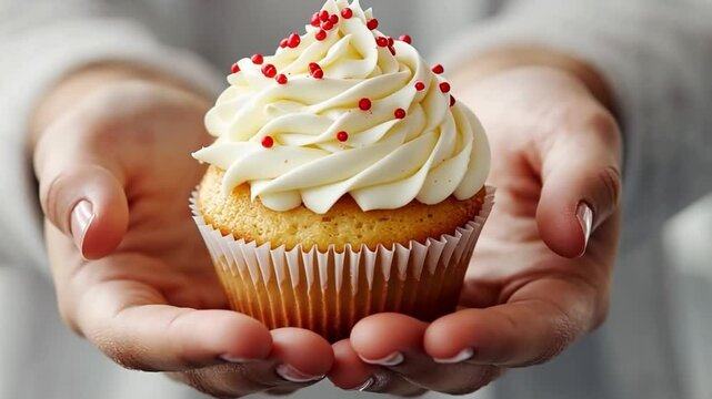 This image showcases a soft cupcake with a cloud of whipped frosting adorned with red sprinkles. A delightful presentation ideal for dessert lovers or special occasions. AI