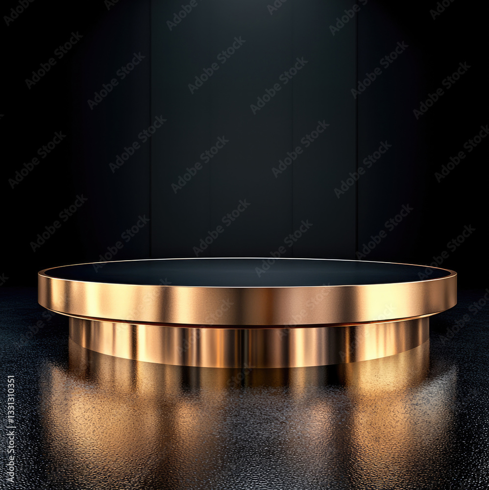 Poster golden circular podium with reflective surface in dark setting