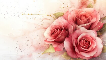 Watercolor Pink Roses with Gold Glitter on a Soft Background