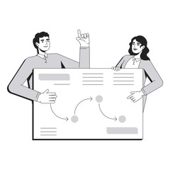 Planning line conceptual illustration. Business strategy, marketing. Analysis, analytics. Colleagues presenting workflow diagram 2D outline characters isolated. Linear drawing grayscale vector