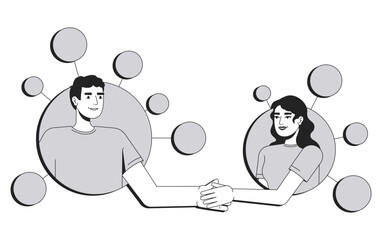 Coworkers line conceptual illustration. Communication, relationships. Couple, together. Man and woman shaking hands in network nodes 2D outline characters isolated. Linear drawing grayscale vector