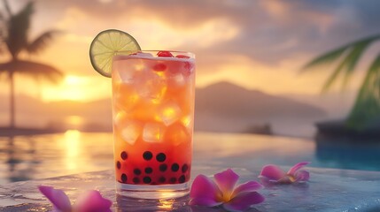 Obraz premium Refreshing tropical drink with an orange-to-pink gradient, served with ice cubes, a lime slice, a pink flower, and a small pineapple. Perfect for summer vibes, tropical themes, and outdoor beach