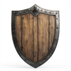 Wooden and Metal Medieval Shield on White Background