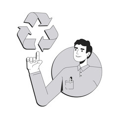 Waste management line conceptual illustration. Pollution reduction, environment sustainability. Businessman pointing to recycling symbol 2D outline character isolated. Linear drawing grayscale vector