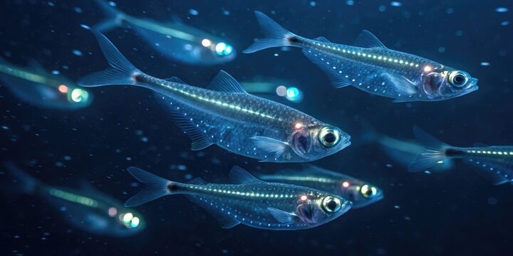 School of glowing lanternfish swimming in the deep ocean aquatic life underwater environment dark waters ethereal beauty