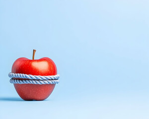 Obraz premium Red apple encircled by light blue rope on a light blue background