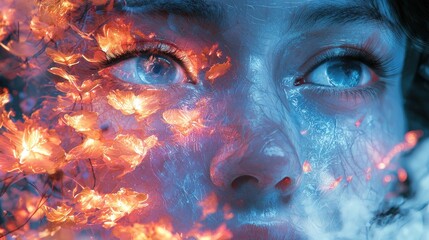 Fototapeta premium Woman's face blended with fiery flowers and ice.