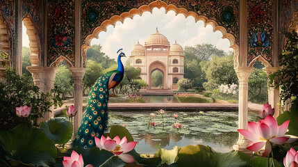 A detailed pichwai art-inspired design featuring a Mughal garden with graceful peacocks, lotus flowers floating on a pond, and an intricate arch frame. The scene is rich with vibrant colors