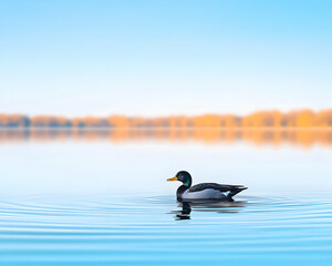 Fototapeta premium Serene duck swimming on calm lake at sunrise